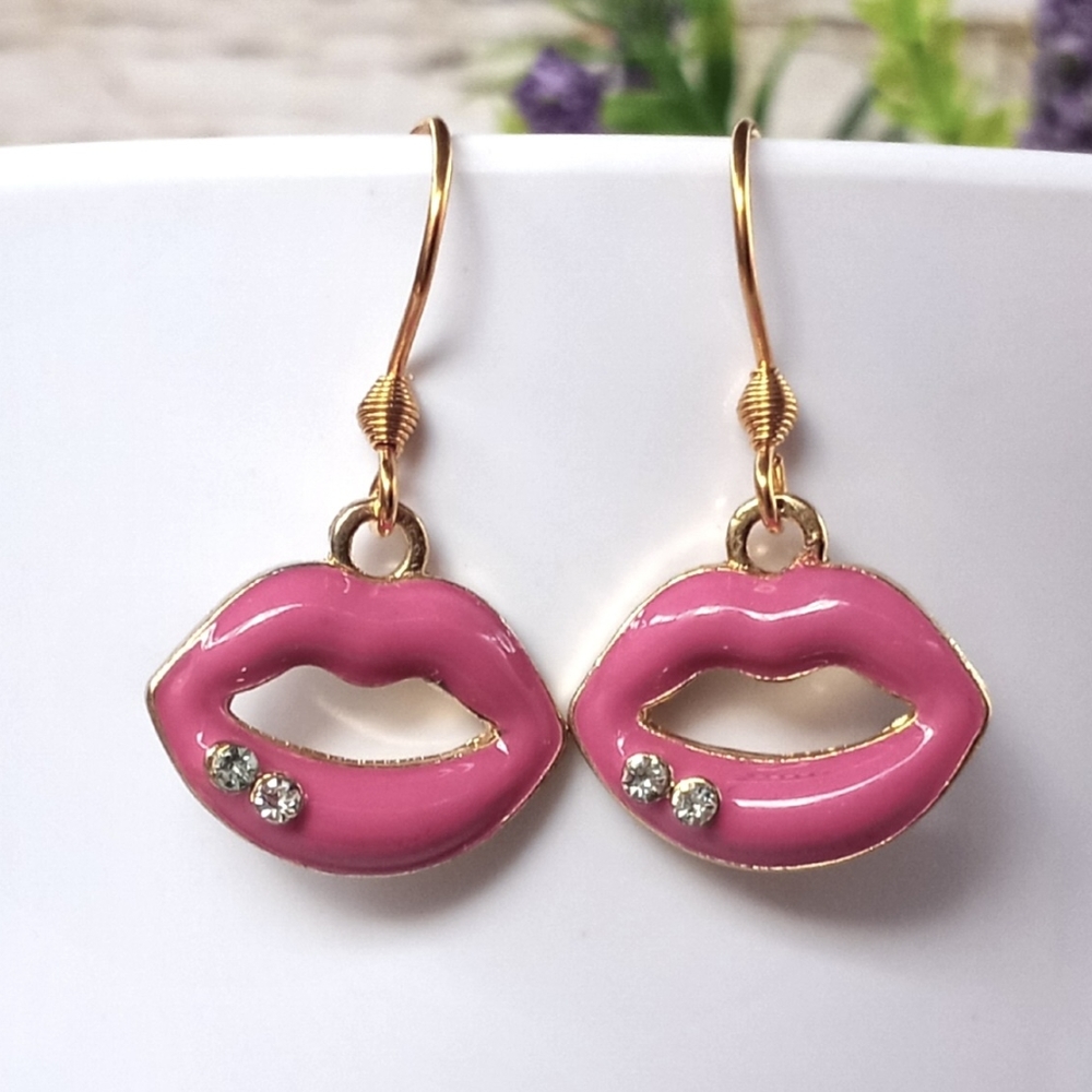 Pink Glam Lips Dangle Hook Earrings with Jewels
